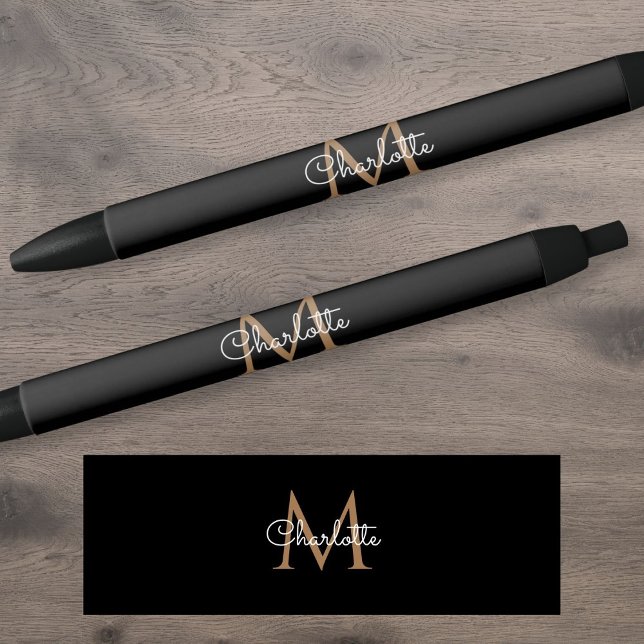 Black Gold Monogram Elegant Stylish Script Black Ink Pen (Black Gold Monogram Elegant Girly Script Pen)