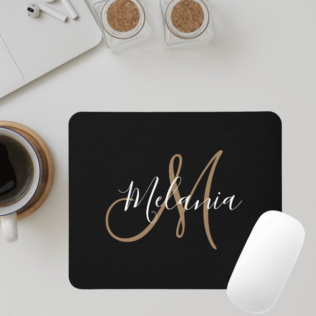  Black Gold Monogram Elegant Stylish Script Name  Mouse Pad (Creator Uploaded)