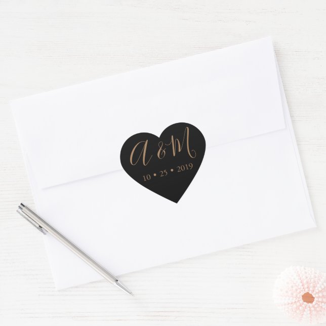 Black Gold Monogram Elegant Wedding Heart Sticker (Envelope)