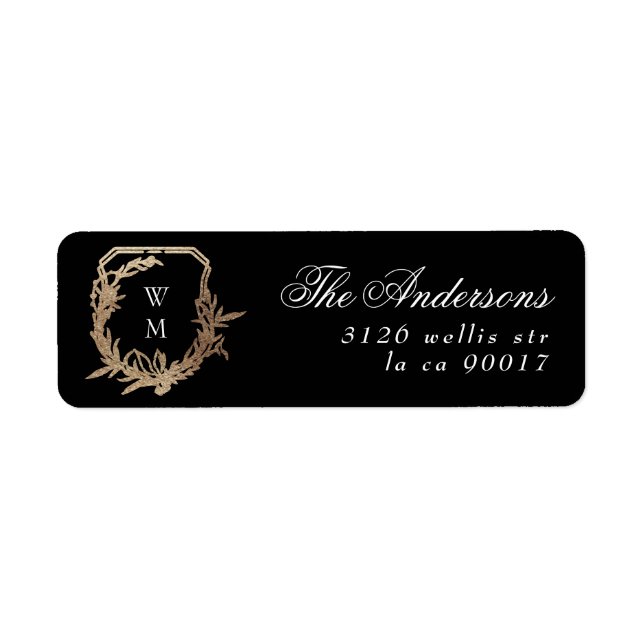 black gold monogram envelope return address label (Front)