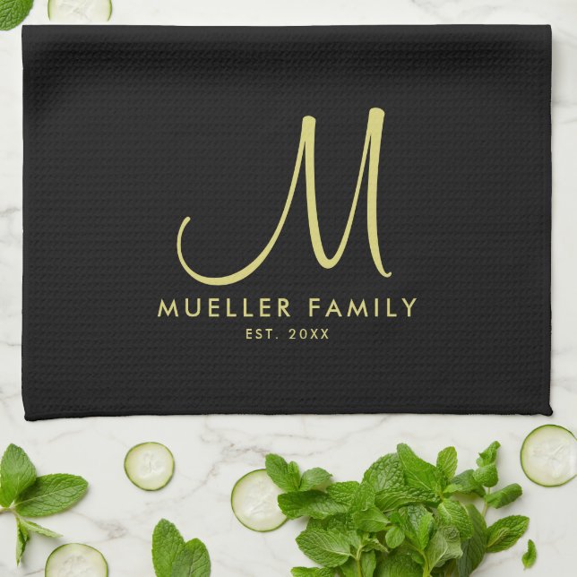 Black Gold Monogram Family Name Modern Elegant Tea Towel (Folded)