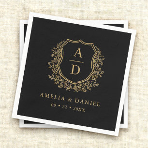 Black Gold Monogram Floral Crest Wedding  Napkin
