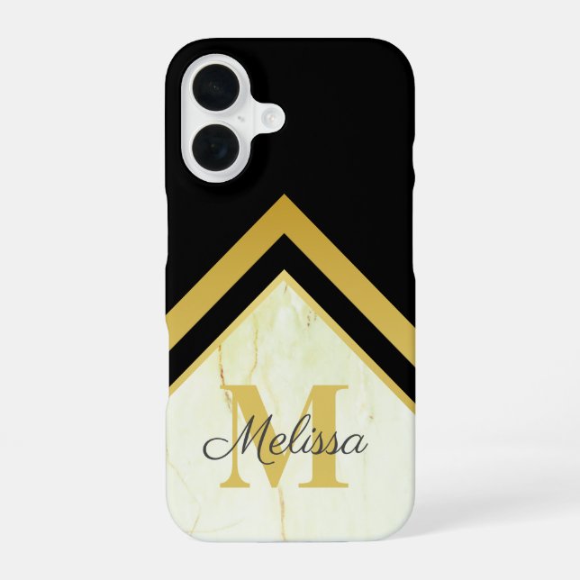 Black Gold Monogram Geometric Marble iPhone 16 Case (Back)