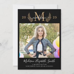 Black Gold Monogram Girly Script Photo Graduation Announcement