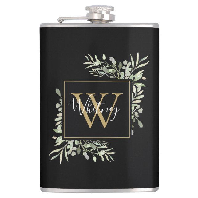 Black Gold Monogram Greenery Floral  Hip Flask (Front)