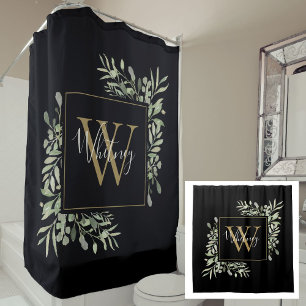Black Gold Monogram Greenery Floral  Shower Curtain