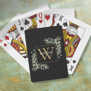Black Gold Monogram Greenery Personalised Playing Cards
