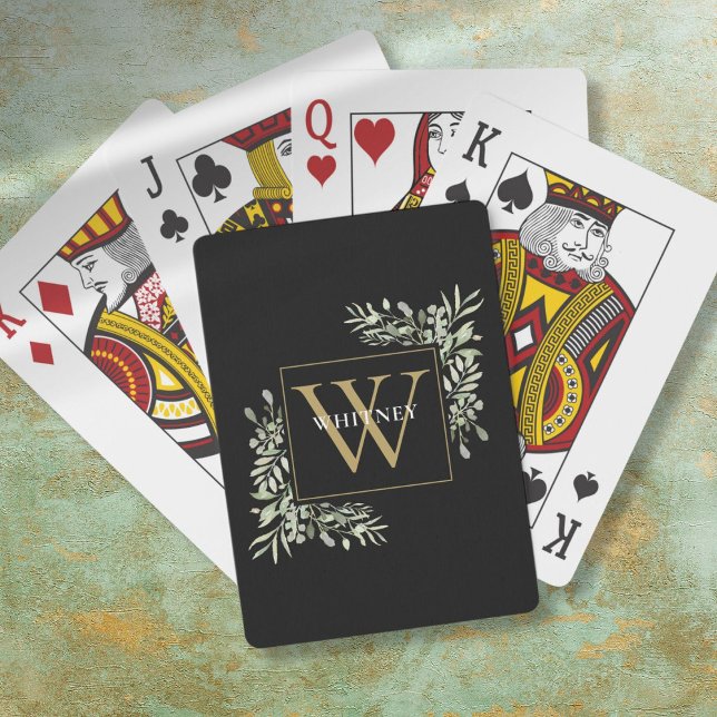 Black Gold Monogram Greenery Personalised  Playing Cards (Black Gold Monogram Greenery Personalized Poker Cards)