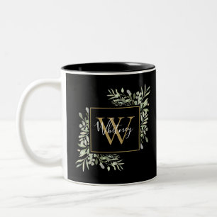 Black Gold Monogram Greenery Two-Tone Coffee Mug