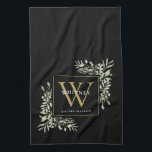 Black Gold Monogram Greenery Watercolor Leaves Kit Tea Towel<br><div class="desc">Elegant watercolor greenery leaves monogram name kitchen towel featuring a gold monogram initial with your name set in a modern white text on a chic black background. Designed by Thisisnotme©</div>