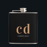 Black gold monogram groomsman hip flask<br><div class="desc">A classic black background,  golden coloured text. Personalise and add your monogram initials and your name. For wedddings,  groomsmen,  birthdays.</div>