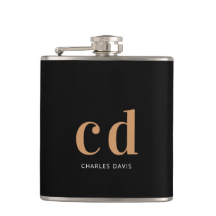 Black gold monogram groomsman hip flask
