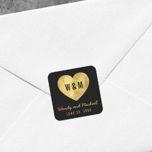 Black & Gold Monogram Heart Save the Date Wedding Square Sticker