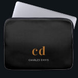 Black gold monogram initails name minimalist laptop sleeve<br><div class="desc">A classic chic black background. Personalise and add your monogram initials written with white block letters and your name in white. Modern,  trendy and simple.</div>
