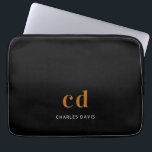 Black gold monogram initails name minimalist laptop sleeve<br><div class="desc">A classic chic black background. Personalise and add your monogram initials written with white block letters and your name in white. Modern,  trendy and simple.</div>