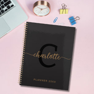 Black Gold Monogram Initial Name Minimalist 2024 Planner