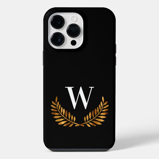 Black gold monogram initial name wreath iPhone case (Back)