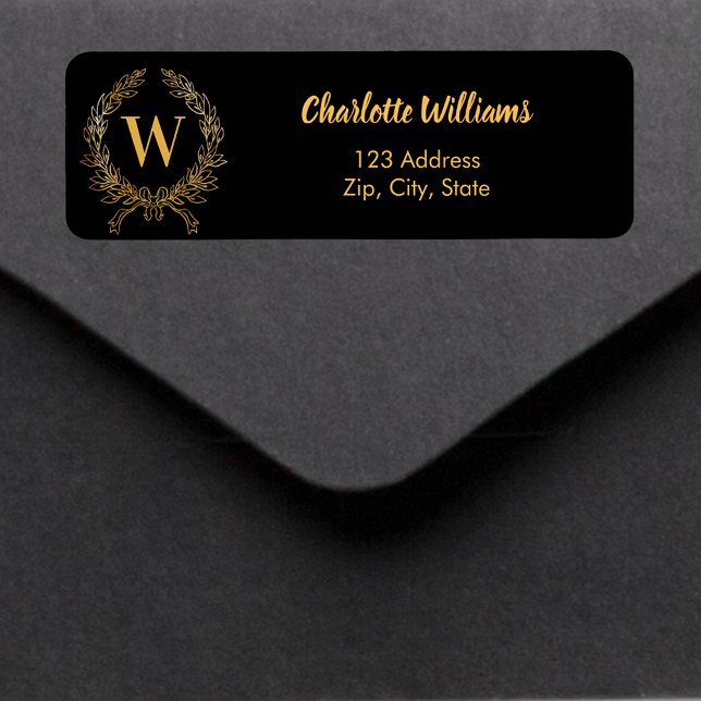 Black gold monogram initial wreath return address label (Creator Uploaded)