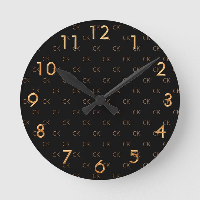 Black gold monogram initials minimalist elegant round clock (Front)