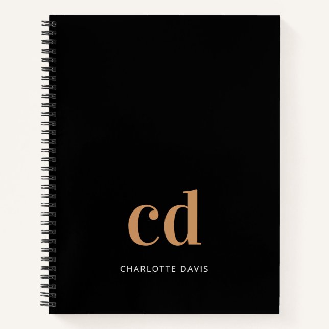 Black gold monogram initials minimalist modern notebook (Front)
