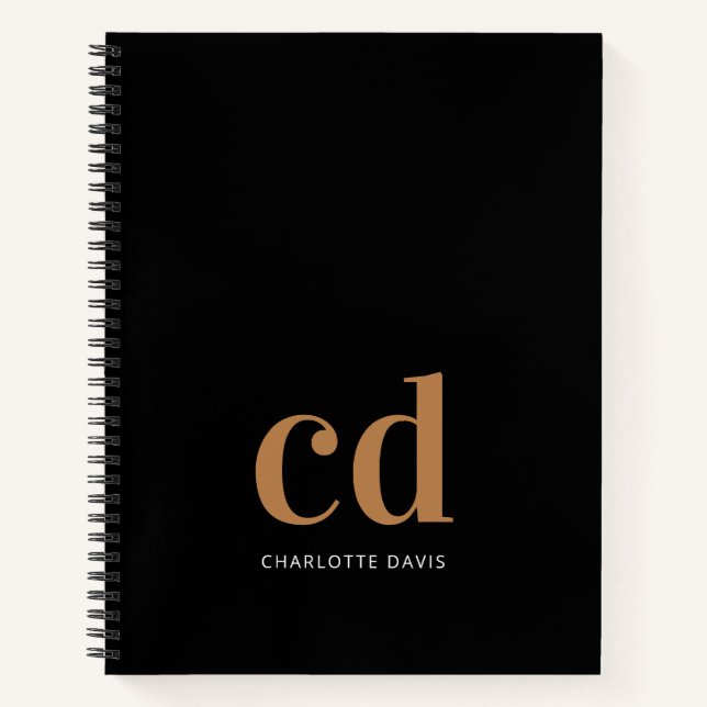 Black gold monogram initials minimalist modern notebook (Front)