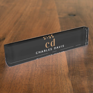 Black gold monogram initials minimalist  nameplate