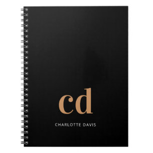 Black gold monogram initials modern elegant custom notebook