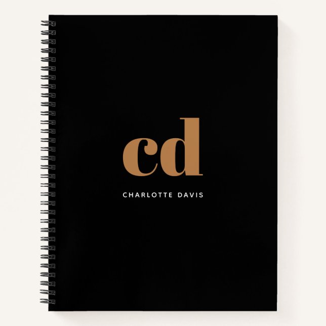 Black gold monogram initials modern minimalist notebook (Front)