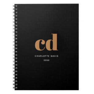 Black gold monogram initials modern minimalist notebook