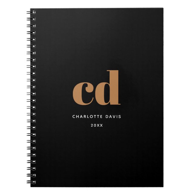 Black gold monogram initials modern minimalist notebook (Front)