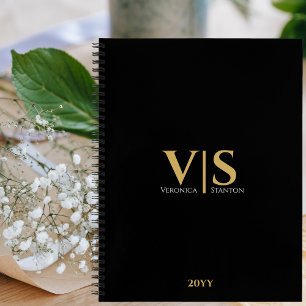Black Gold Monogram Initials Modern Professional Notebook
