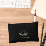 Black gold monogram initials name accessory pouch<br><div class="desc">Black background,  white and golden text. Personalise and add your first name,  monogram initials and full name.</div>