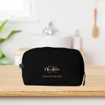 Black gold monogram initials name dopp kit<br><div class="desc">Black background,  white and golden text. Personalise and add your first name,  monogram initials and full name.</div>