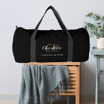 Black gold monogram initials name duffle bag<br><div class="desc">Black background,  white and golden text. Personalise and add your first name,  monogram initials and full name.</div>