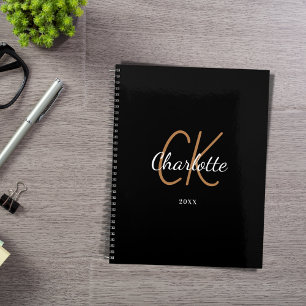 Black gold monogram initials name minimalist 2021 planner