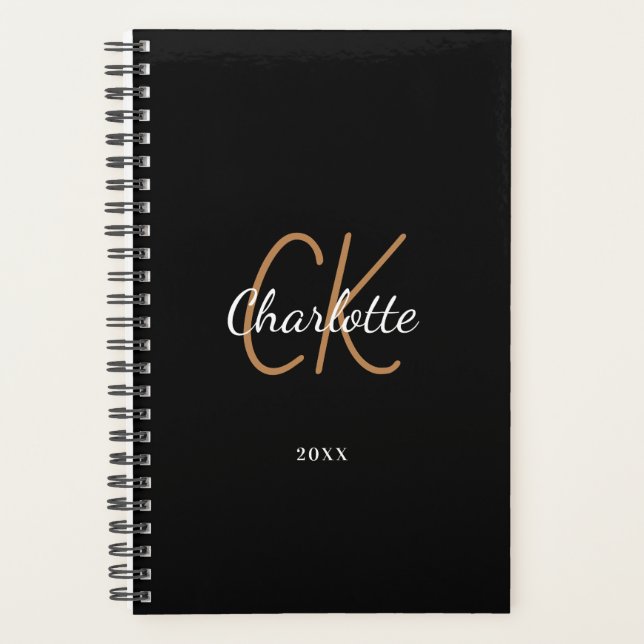 Black gold monogram initials name minimalist 2027 planner (Front)