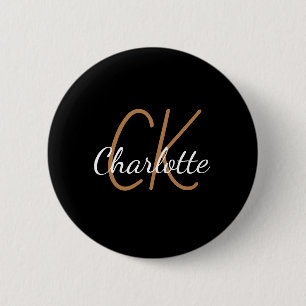 Black gold monogram initials name minimalist 6 cm round badge
