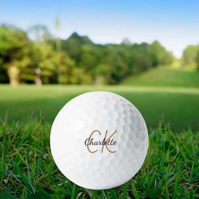 Black gold monogram initials name minimalist  golf balls (Creator Uploaded)