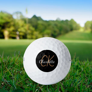 Black gold monogram initials name minimalist  golf balls