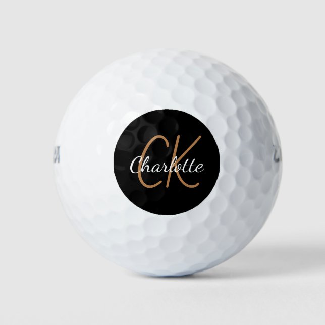 Black gold monogram initials name minimalist  golf balls (Front)