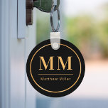 Black gold monogram initials name minimalist  key ring<br><div class="desc">Black background,  golden text. With a faux gold frame. Personalise and add your monogram initials and name.  For both him and her.</div>