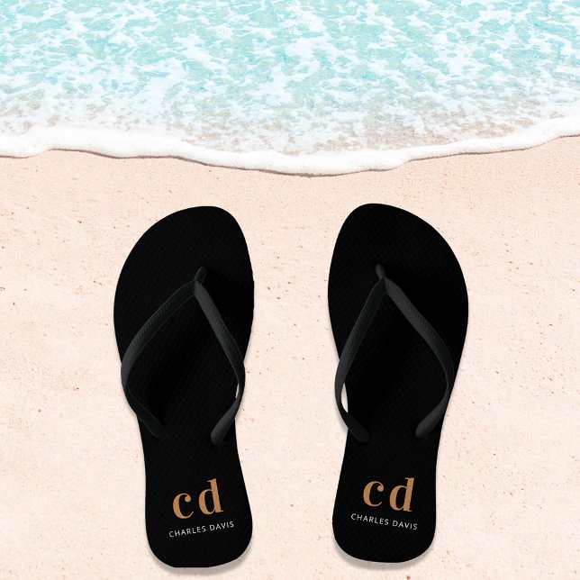 Black gold monogram initials name minimalist thongs (Creator Uploaded)