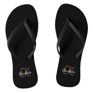 Black gold monogram initials name minimalist thongs