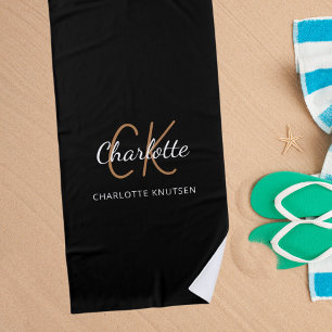 Black gold monogram initials name script beach towel