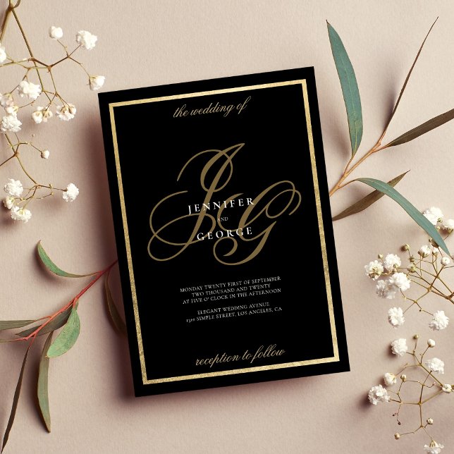 Black gold monogram initials romantic wedding invitation (Black gold monogram initials romantic wedding invitation)