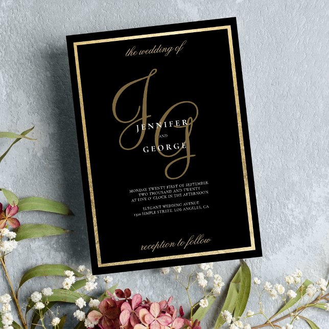 Black gold monogram initials romantic wedding  invitation (Black gold monogram initials romantic wedding invitation)