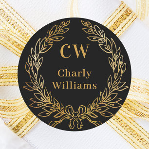 Black gold monogram initials wreath classic round sticker