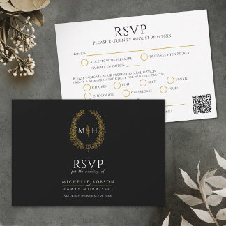 Black gold monogram meal option wedding QR code RSVP Card