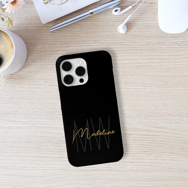 Black Gold Monogram Modern Chic Case-Mate iPhone Case (Black and Gold Monogram Phone Case by MINTIC DESIGN STUDIO)
