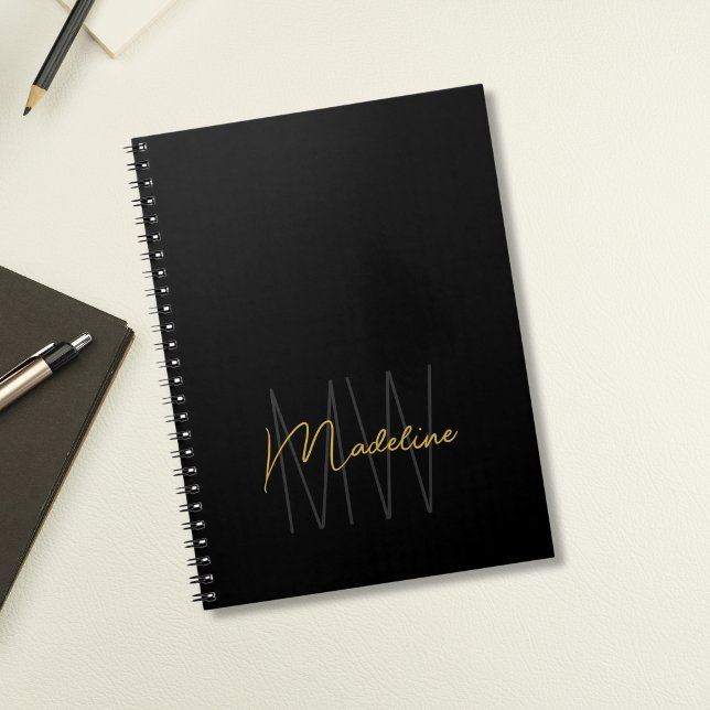 Black Gold Monogram Modern Chic Notebook (Black and Gold Monogram Elegant Notebook by MINTIC DESIGN STUDIO)